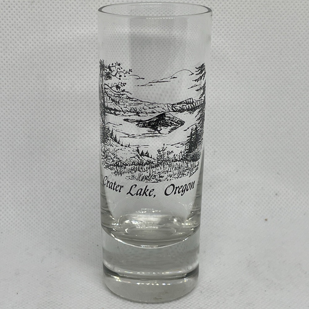 Vintage Crater Lake Oregon Shot Glass Clear Black Landscape Design 1990s PNW